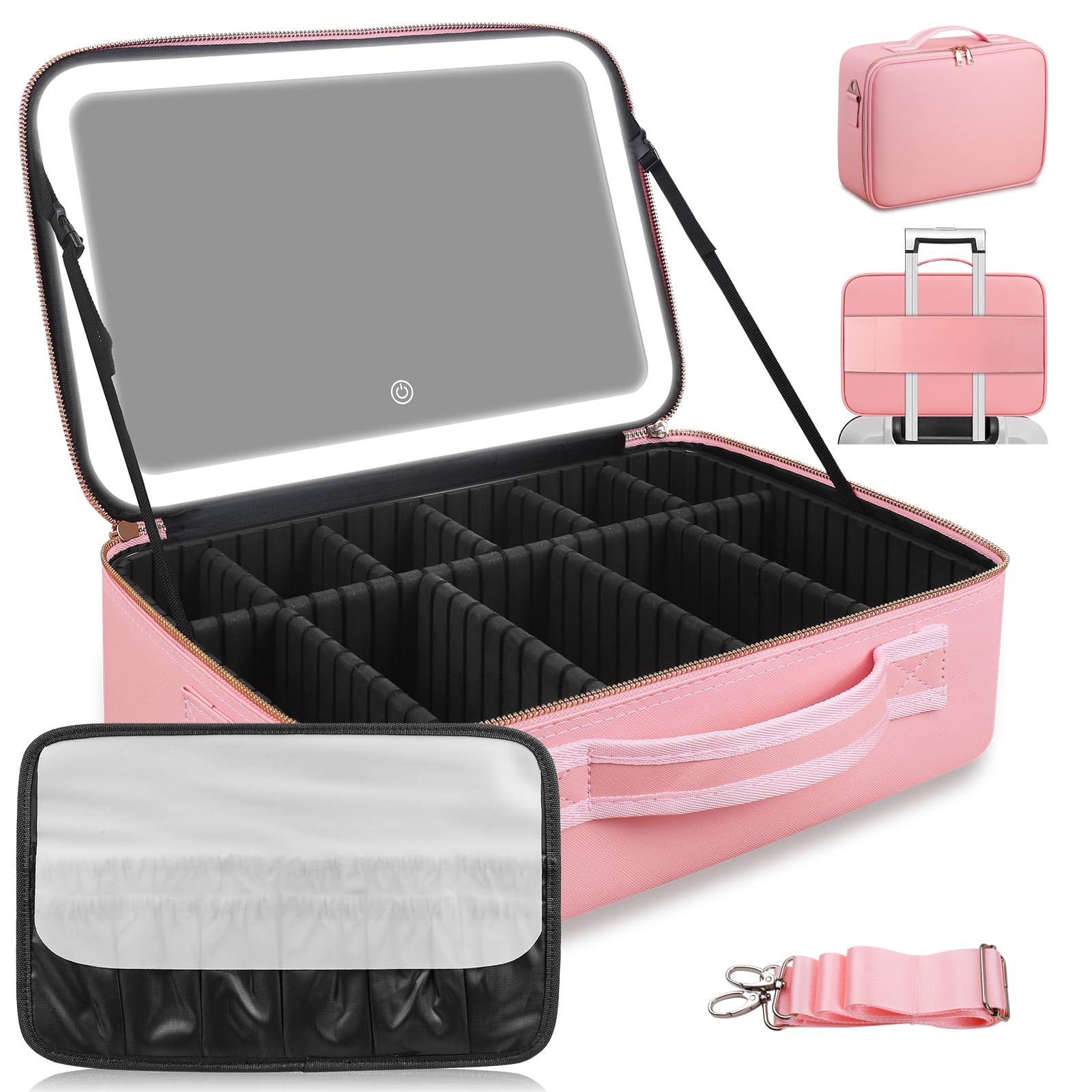 JJhxr 15x11 large-capacity makeup bag with LED mirror open view keeps cosmetics organized