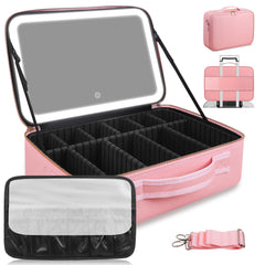 JJhxr 15x11 large-capacity makeup bag with LED mirror open view keeps cosmetics organized