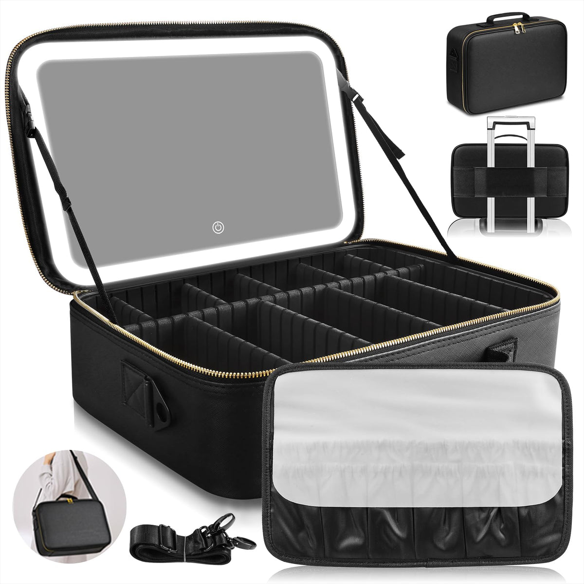 JJhxr large-capacity makeup bag front view with roomy compartments for easy organizing