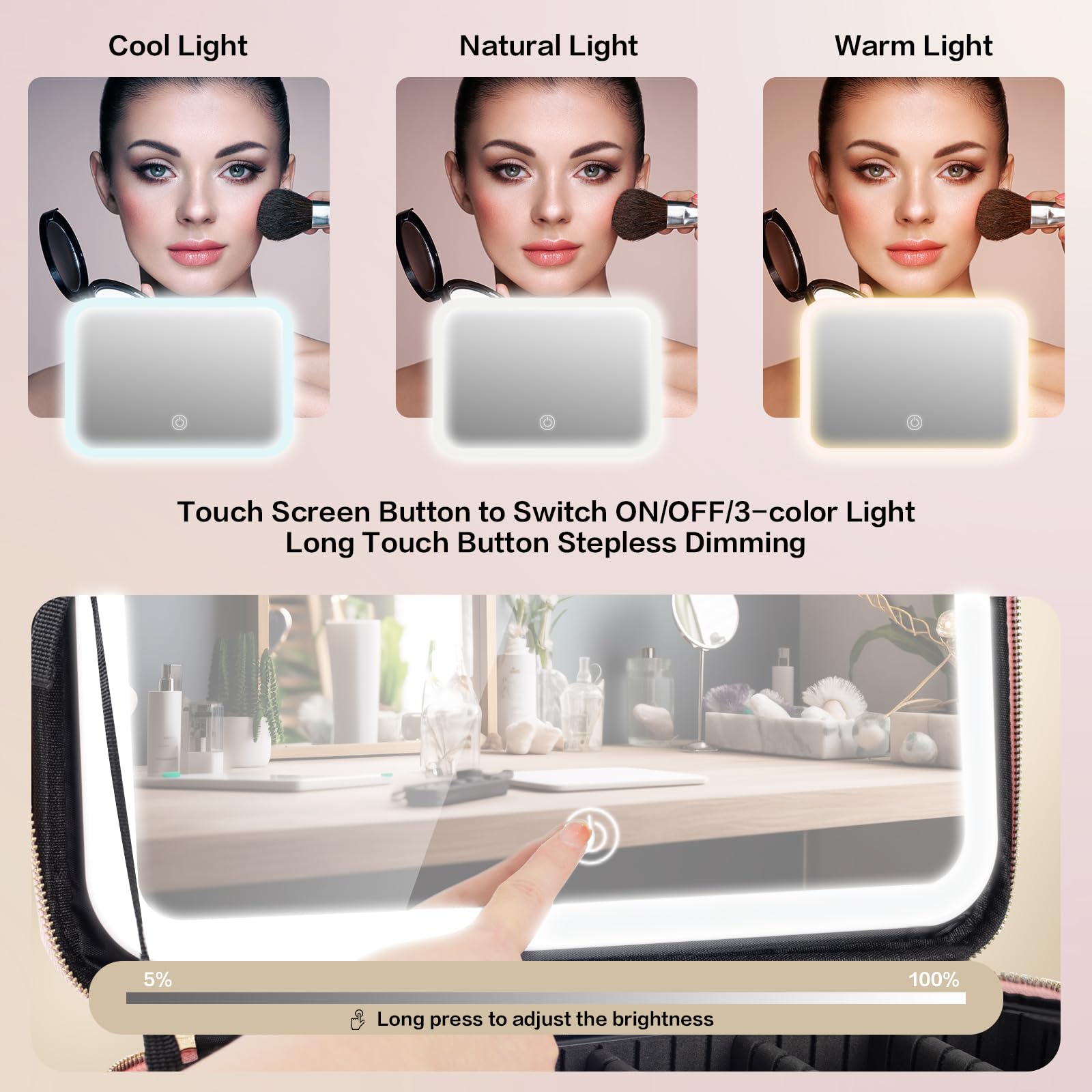 JJhxr makeup bag LED mirror with 3 color settings for accurate makeup tone