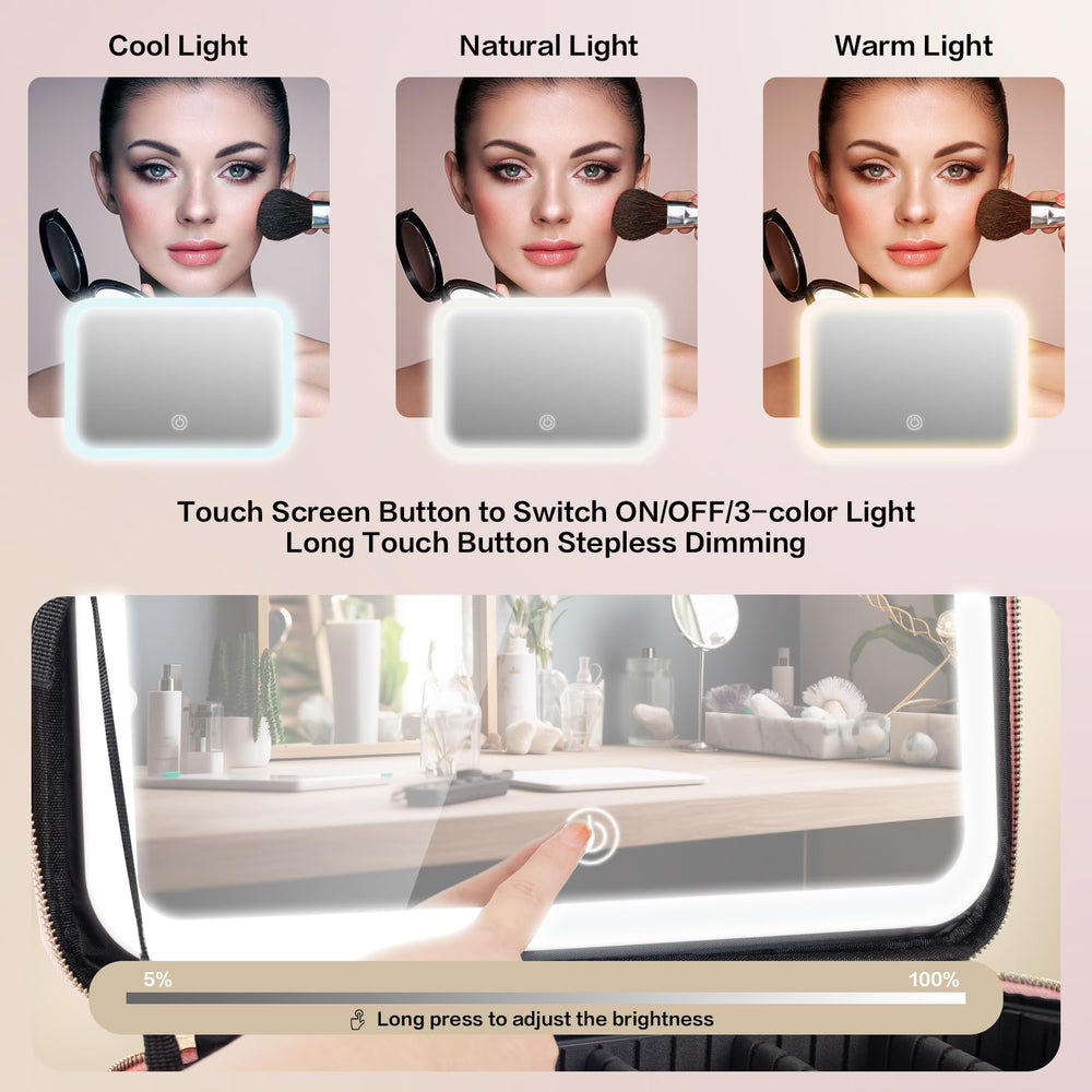 JJhxr makeup bag LED mirror with 3 color settings for accurate makeup tone