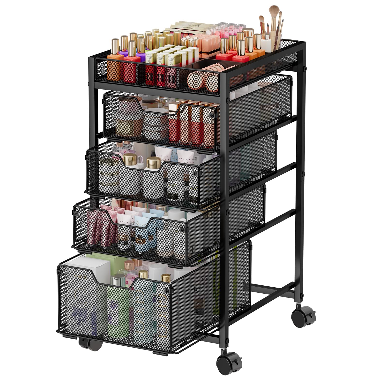JKsmart 5-Tier Rolling Makeup Cart front view showing organized storage.