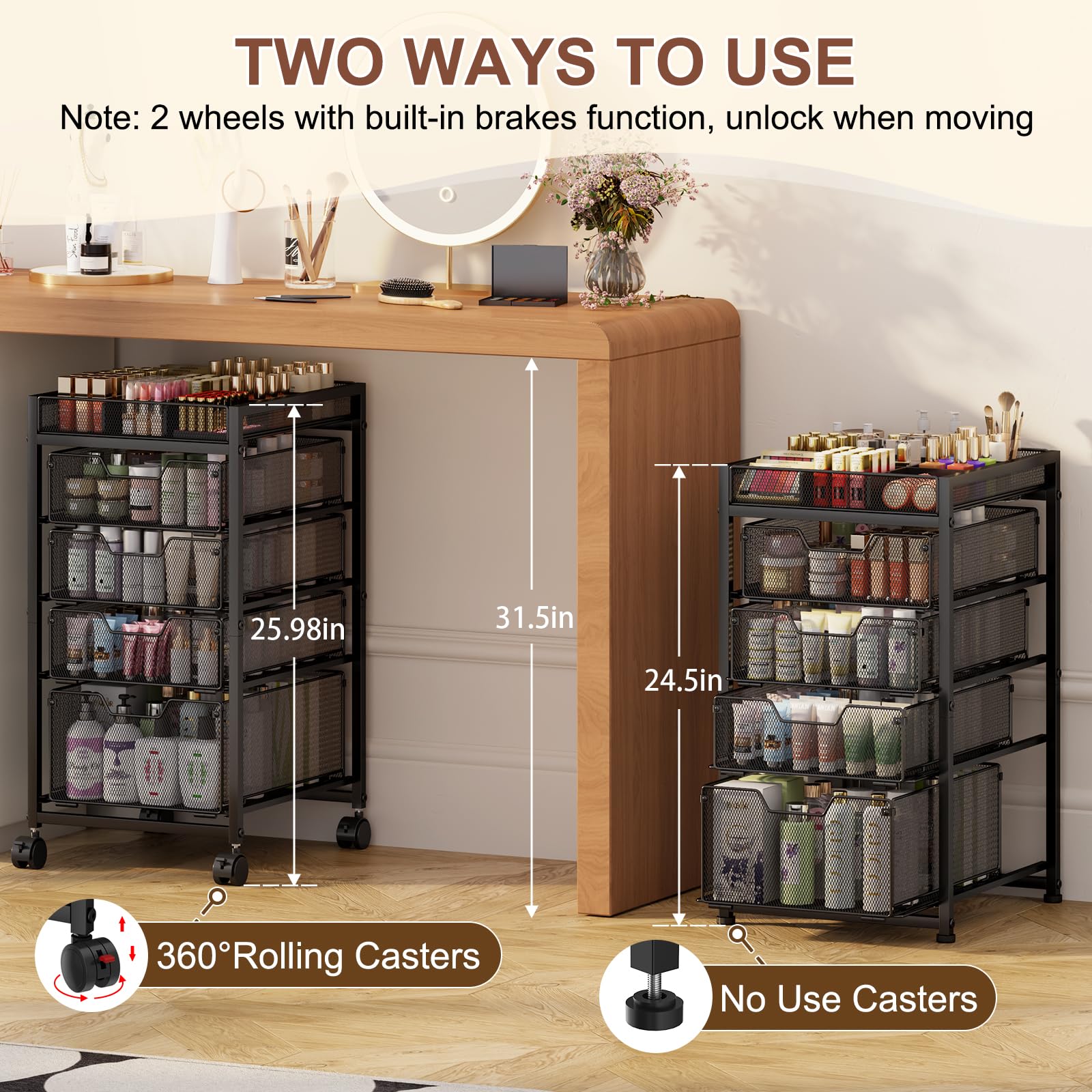 JKsmart 5-tier cart top dividers illustrate customizable brush and pencil compartments.