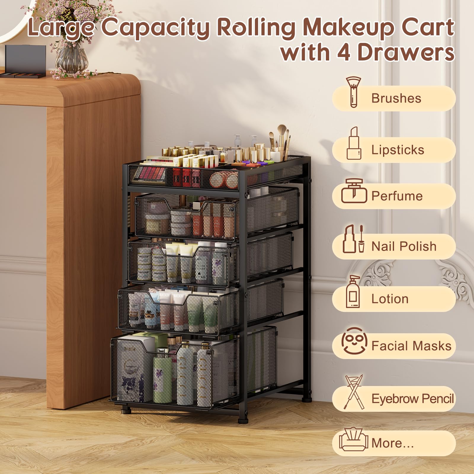JKsmart durable metal frame supports heavy items like hair tools and bottles.