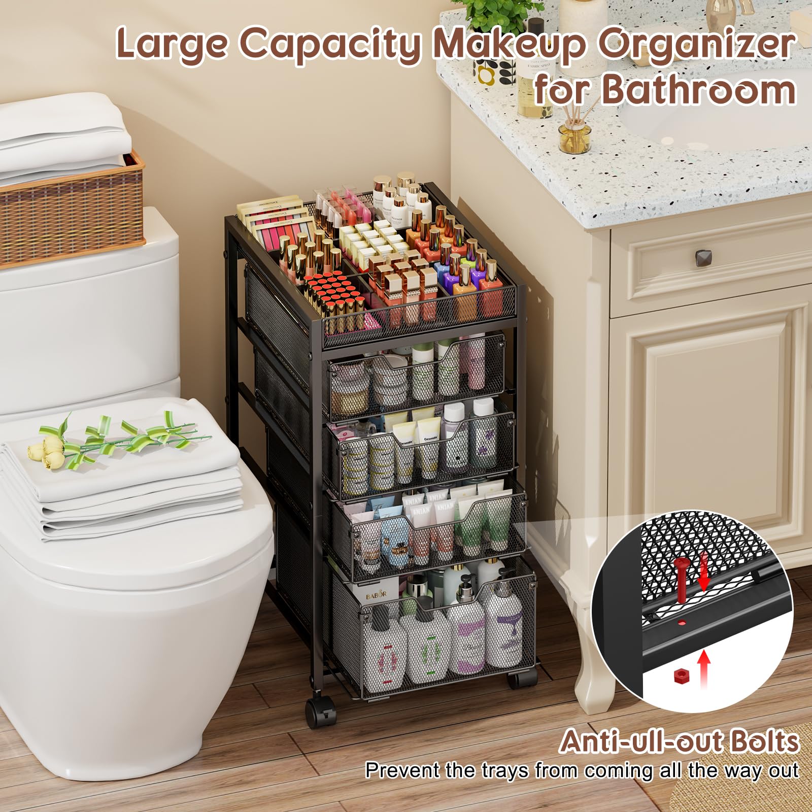 JKsmart cart in a room setting shows portable skincare and beauty storage.