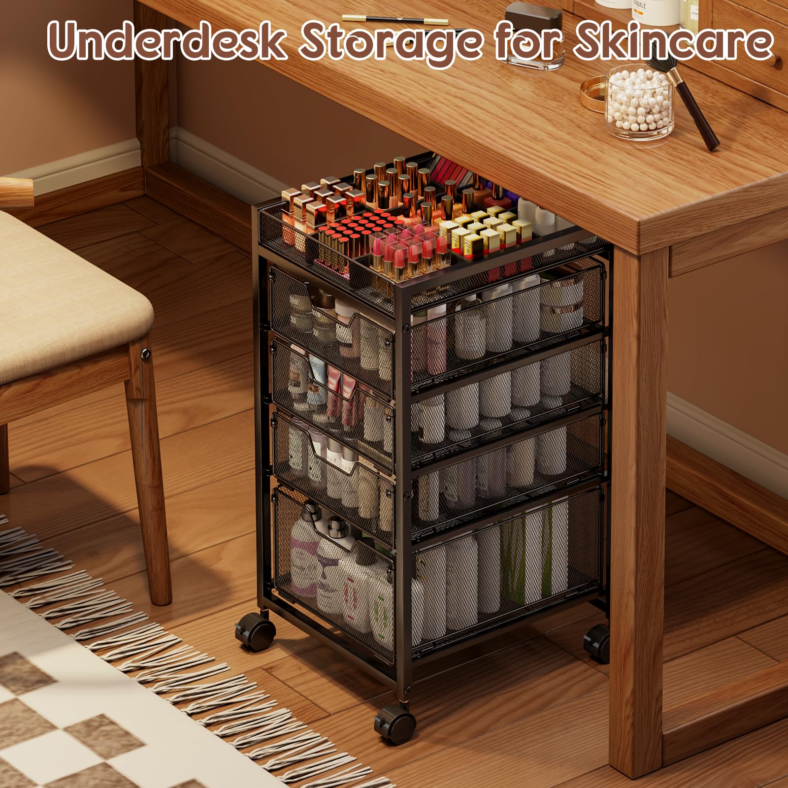 JKsmart cart wheels with brakes on a sturdy metal frame enable stable, mobile vanity storage.