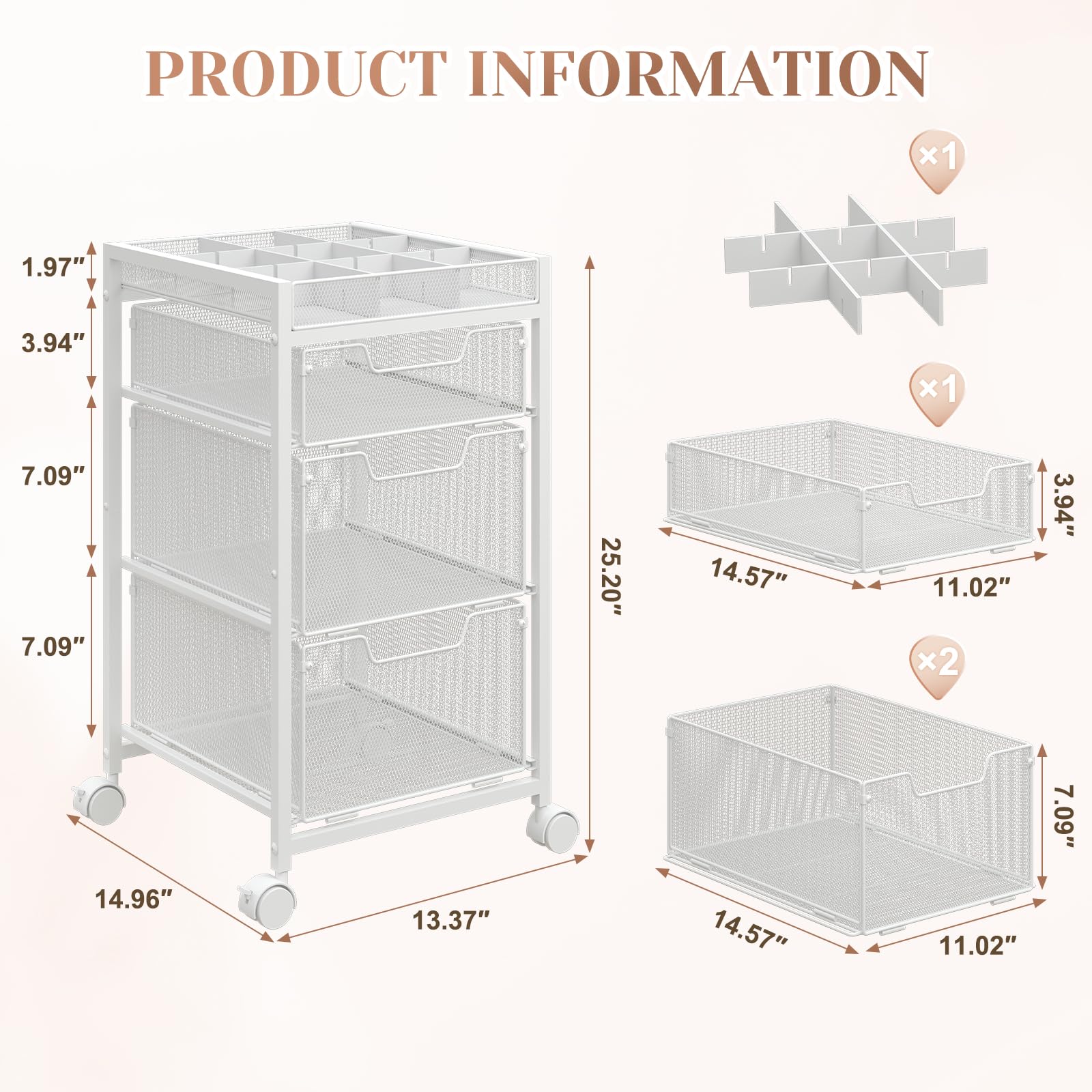 JKsmart rolling makeup cart with 360-degree casters for easy room-to-room mobility