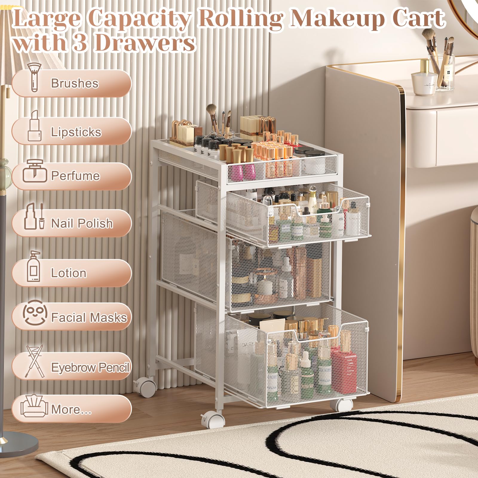 JKsmart rolling makeup cart with brake and lockable wheels for secure use
