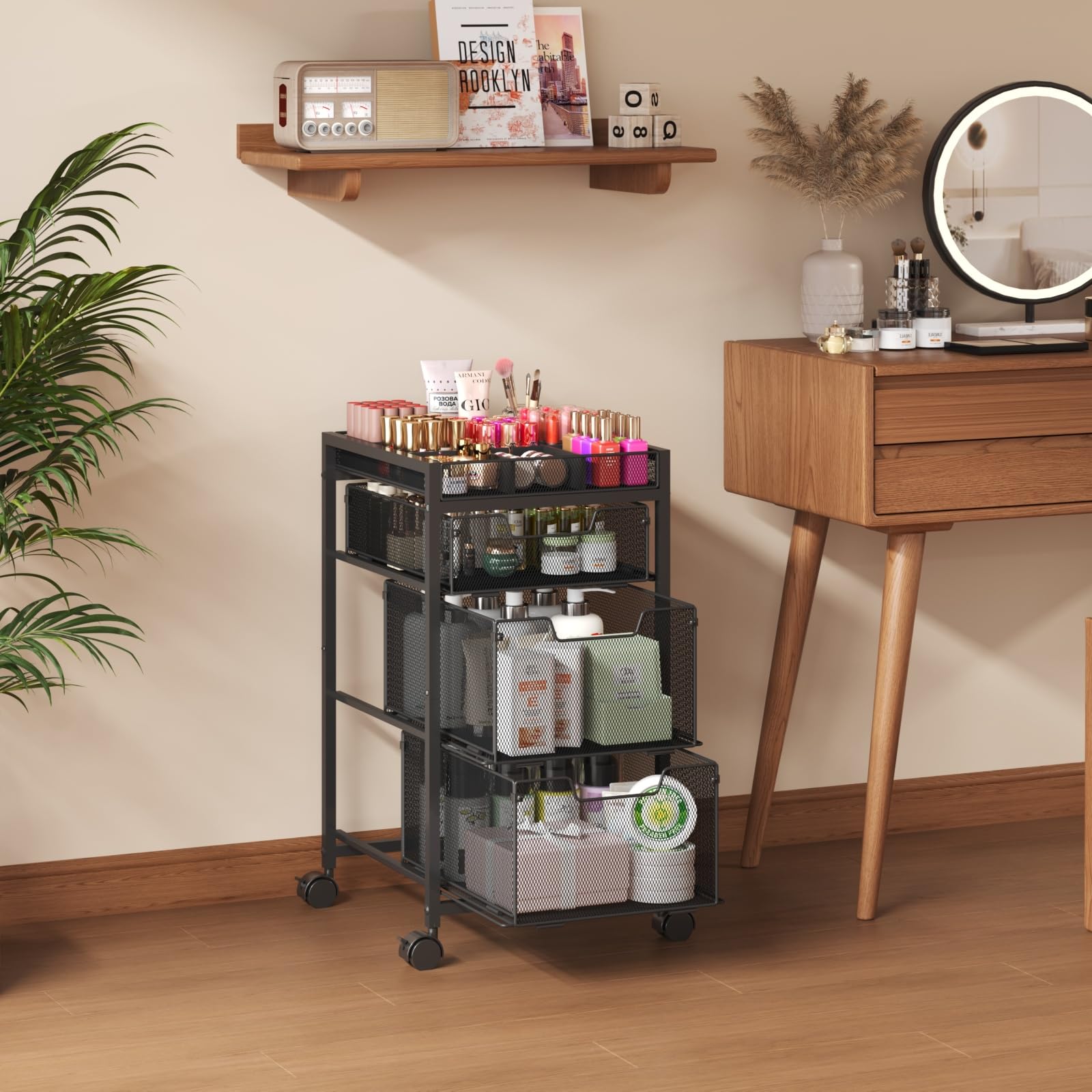 JKsmart rolling makeup cart with three drawers keeps lotions organized
