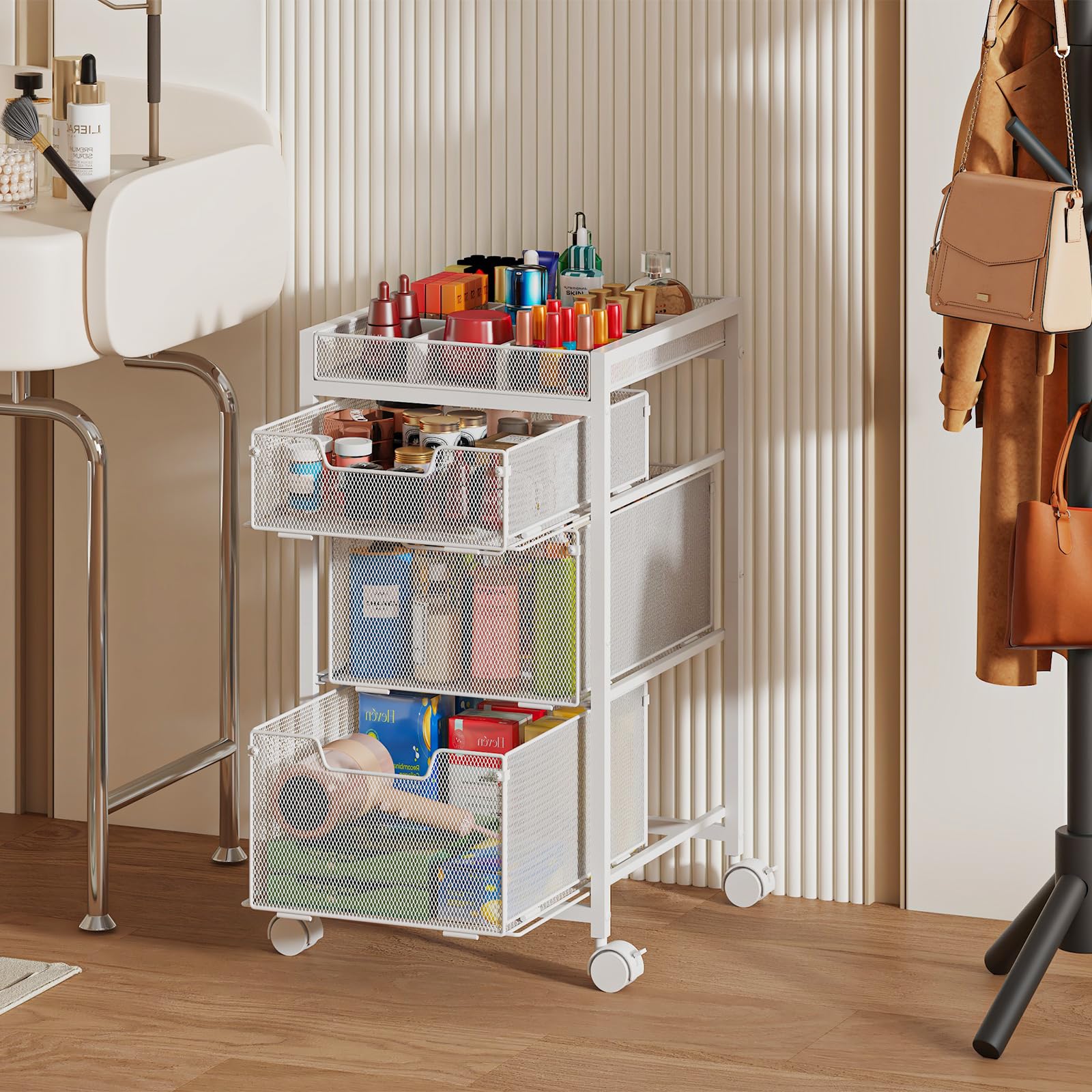 JKsmart rolling makeup cart top dividers adjustable for brush and lipstick organization