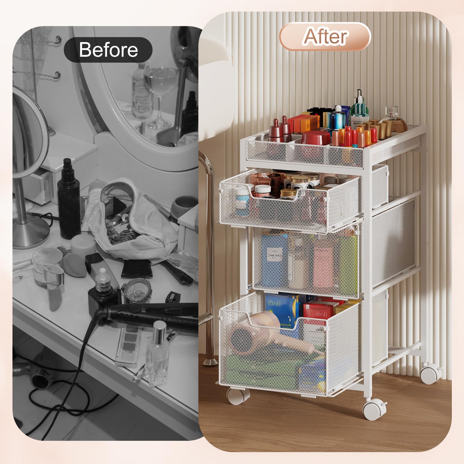 JKsmart rolling makeup cart white surface adds clean vanity style