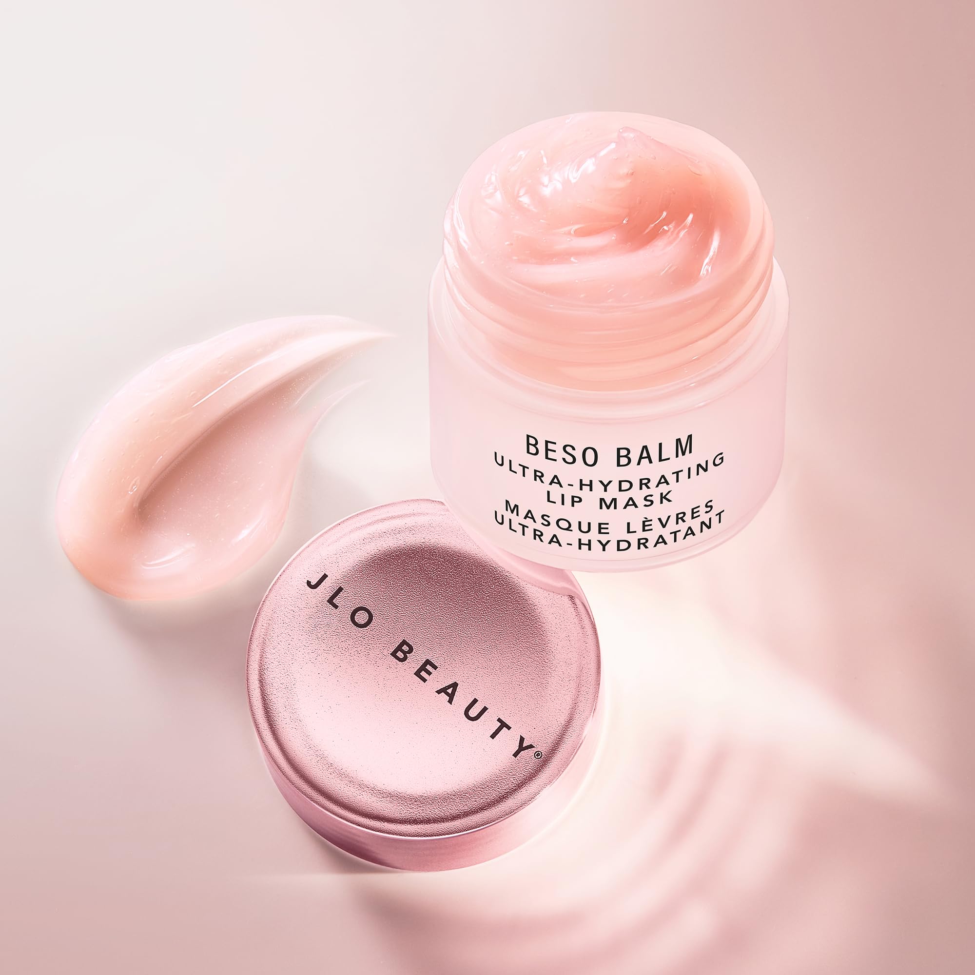 JLO BEAUTY Beso Balm Lip Mask closeup shows soft, glossy lips