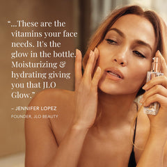 JLO Beauty Brightening Serum texture closeup showing radiant skin