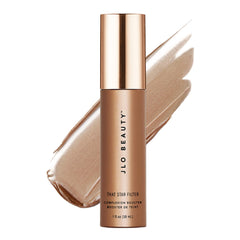 JLO Beauty Complexion Booster rose-gold bottle showing radiant glow for face and body