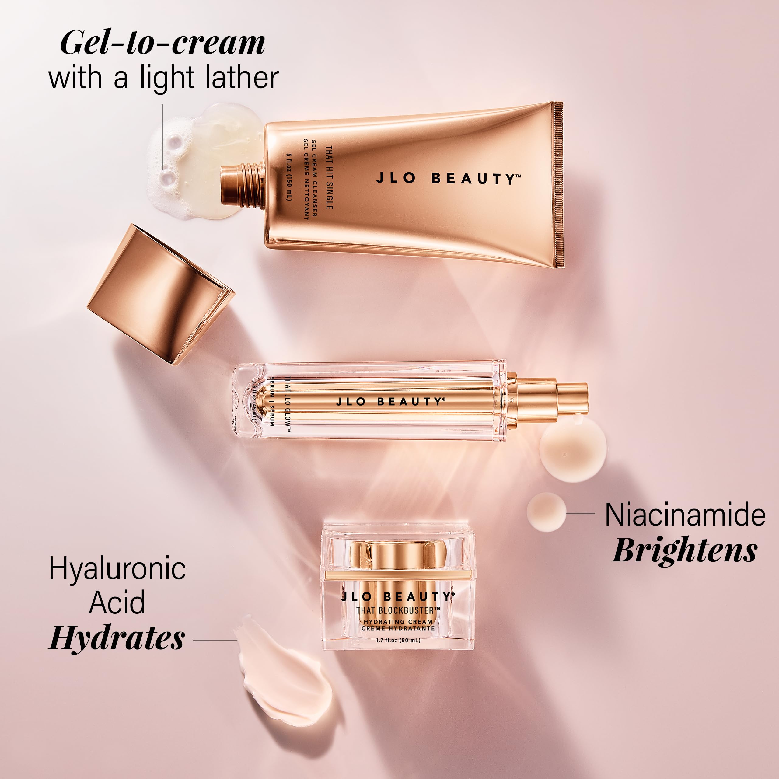 JLO Beauty Starter Kit serum bottle close-up emphasizing hydration and firming benefits.