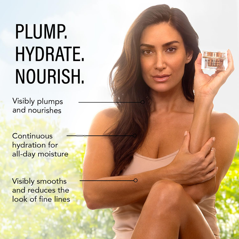 JLO BEAUTY moisturizer bottle pump demonstrating easy daily application for hydration.