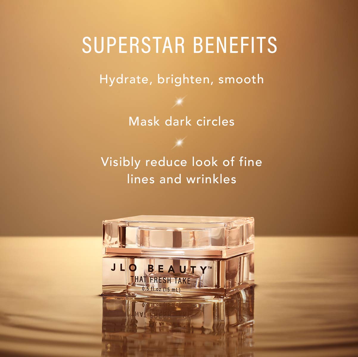 JLO BEAUTY under-eye cream reduces puffiness during a morning routine.