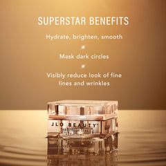 JLO BEAUTY under-eye cream reduces puffiness during a morning routine.
