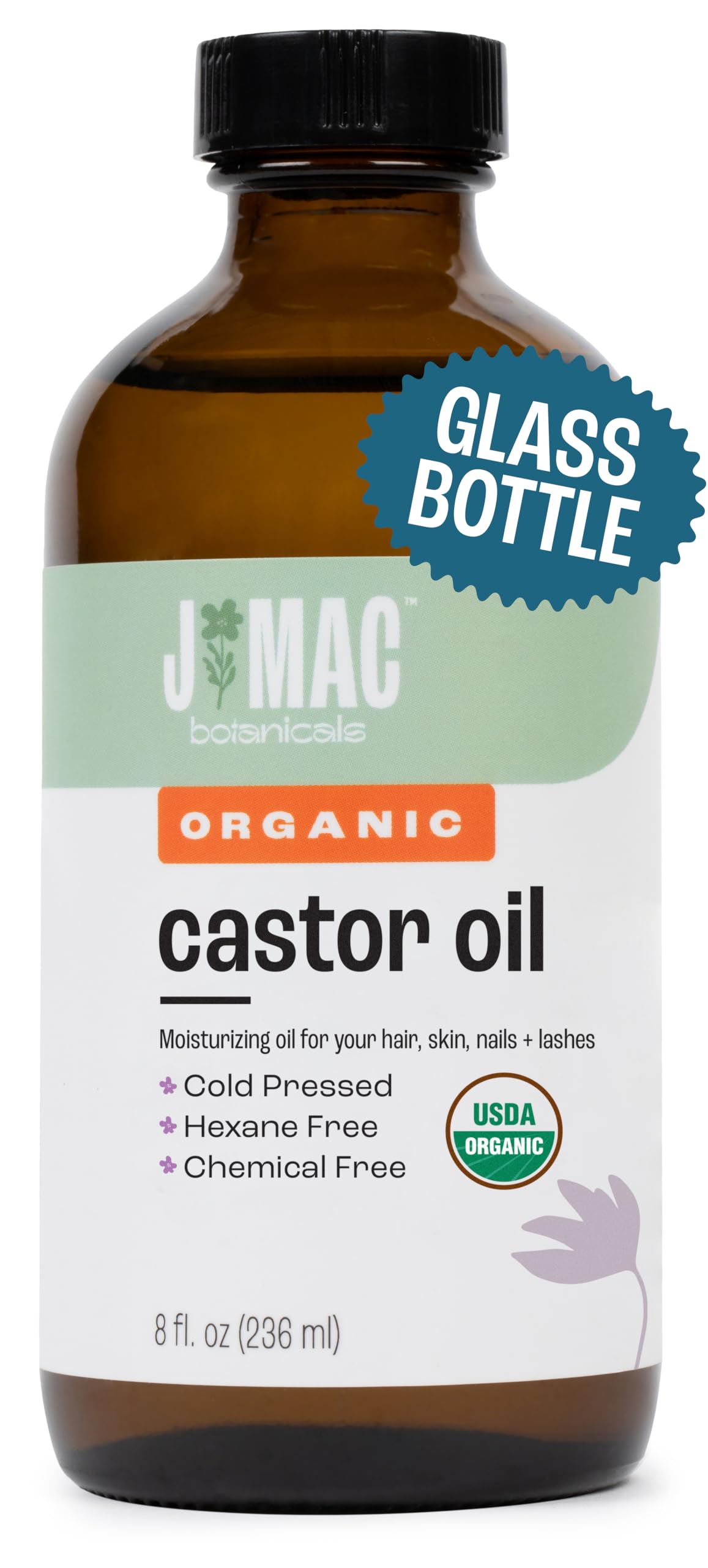 J MAC BOTANICALS Organic Castor Oil glass bottle 8 oz for clean storage and purity.