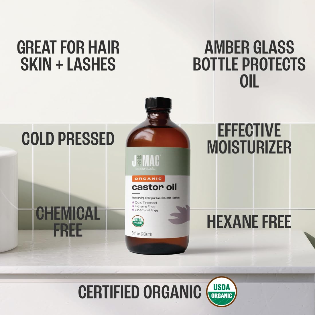 J MAC BOTANICALS castor oil on skin for moisturizing glow.