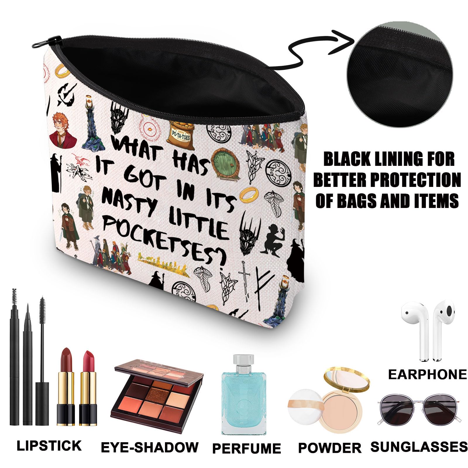 JNIAP Fantasy Movie Makeup Bag size illustration, fits handbags, totes, or suitcases.