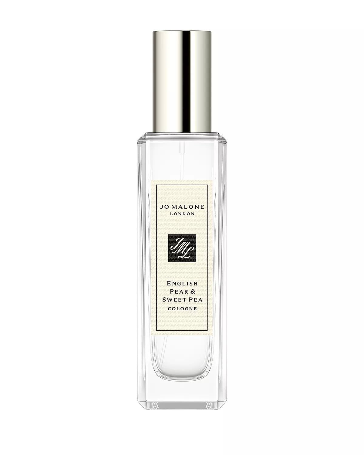 Jo Malone English Pear & Seet Pea Cologne bottle swirl captures fresh pear notes for everyday elegance.