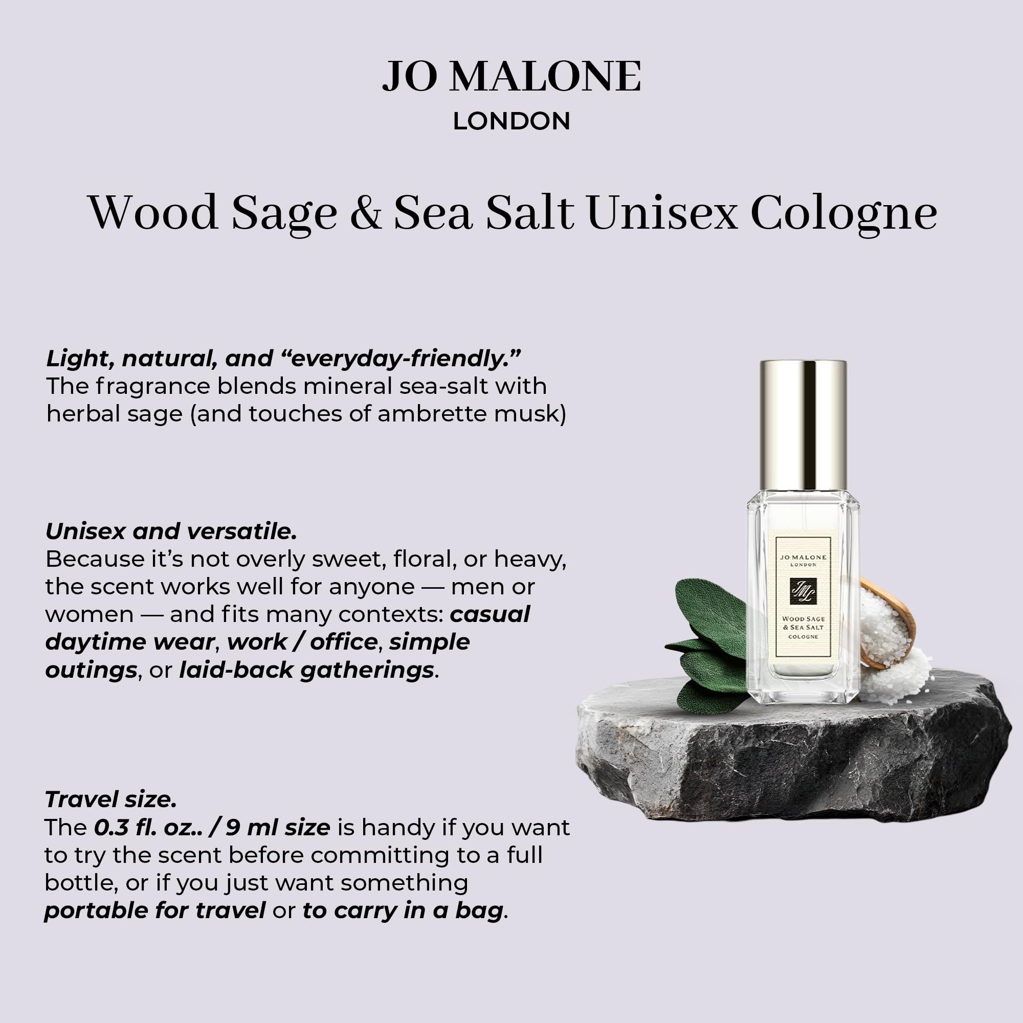 Jo Malone Wood Sage and Sea Salt sample bottle front showcases everyday freshness.