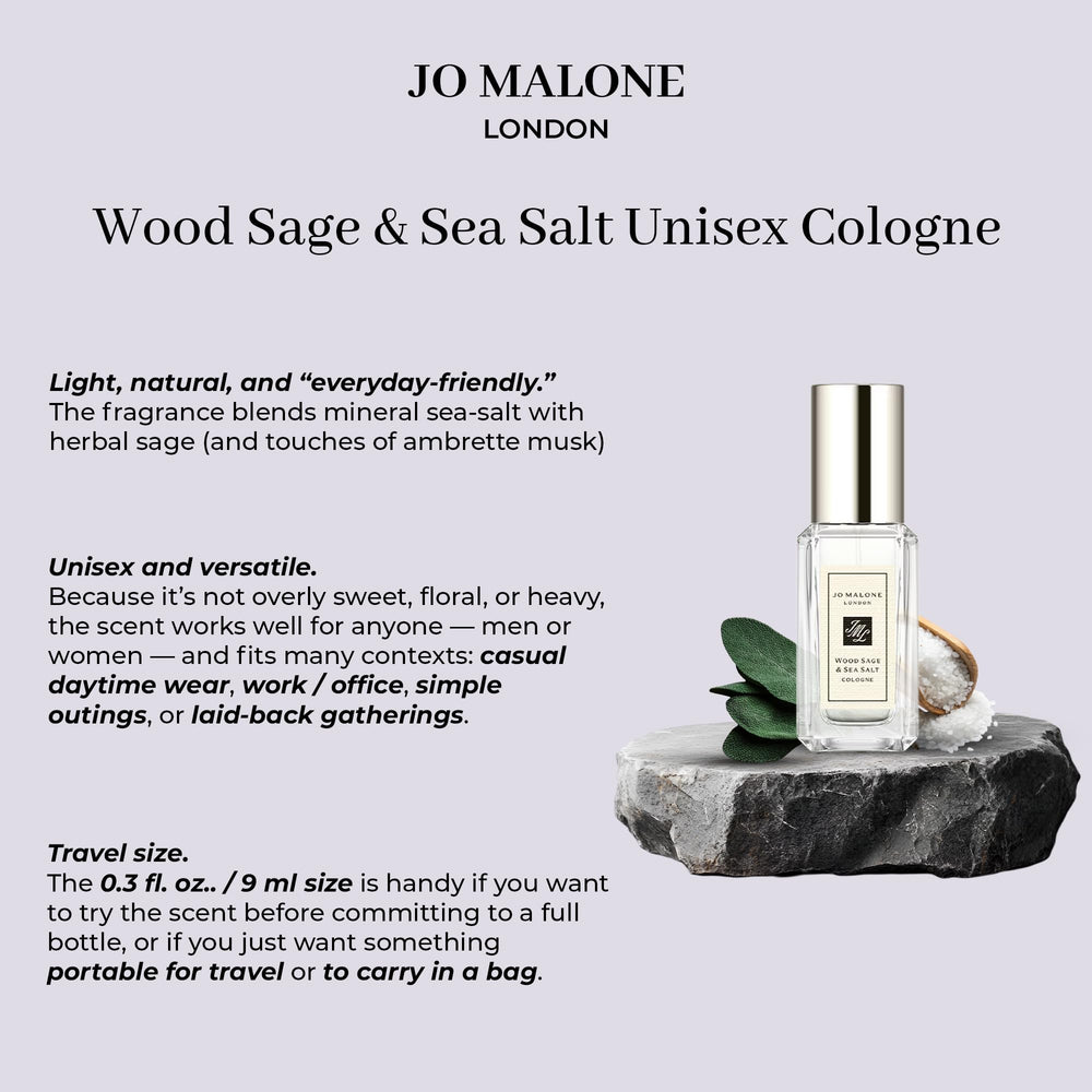 Jo Malone Wood Sage and Sea Salt sample bottle front showcases everyday freshness.