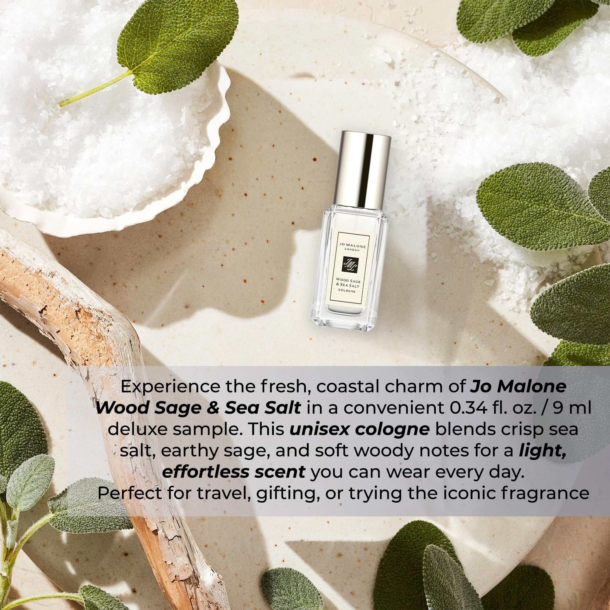 Jo Malone Wood Sage and Sea Salt travel-size bottle invites on-the-go scent rituals.
