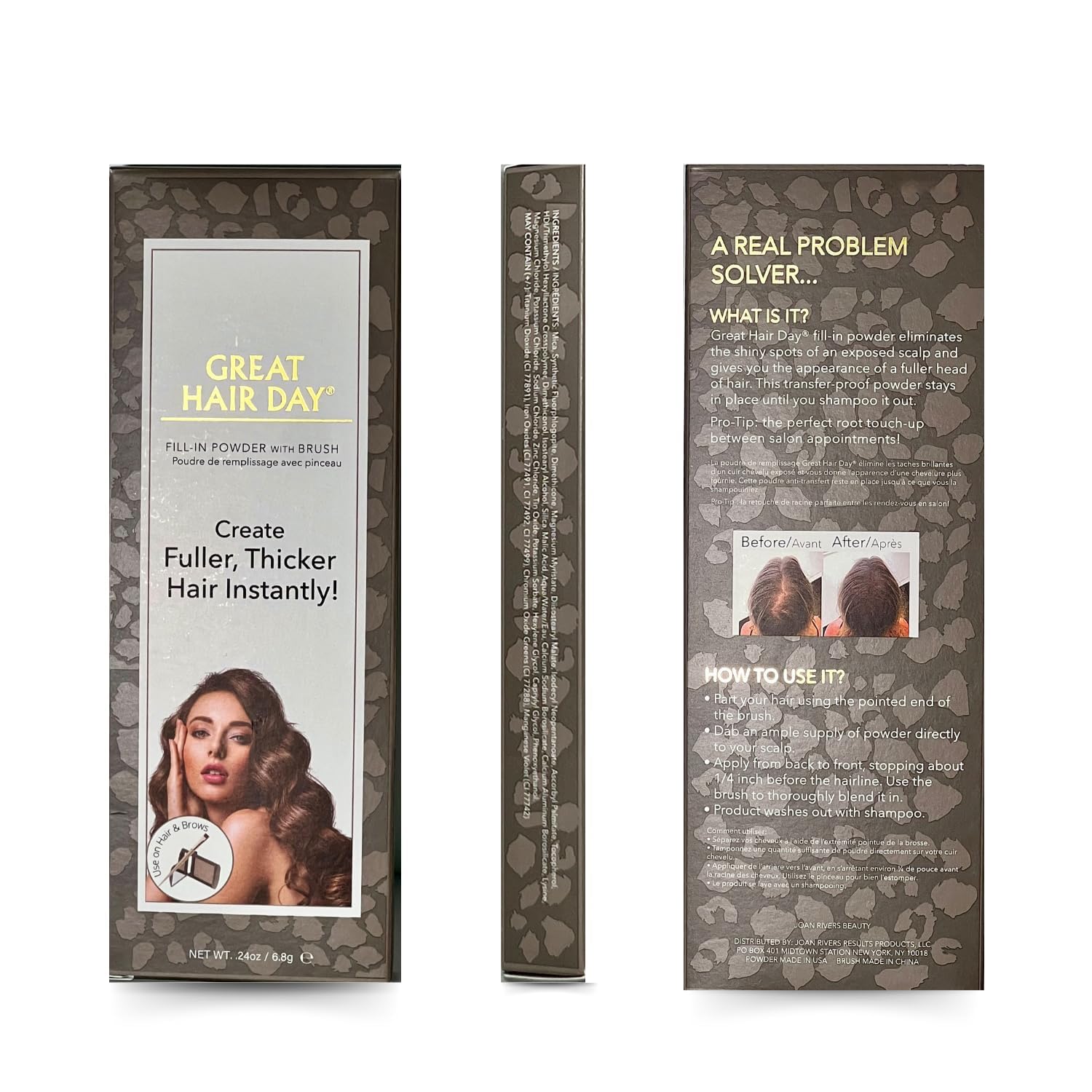 Joan Rivers Great Hair Day powder in use with brush for precise application.
