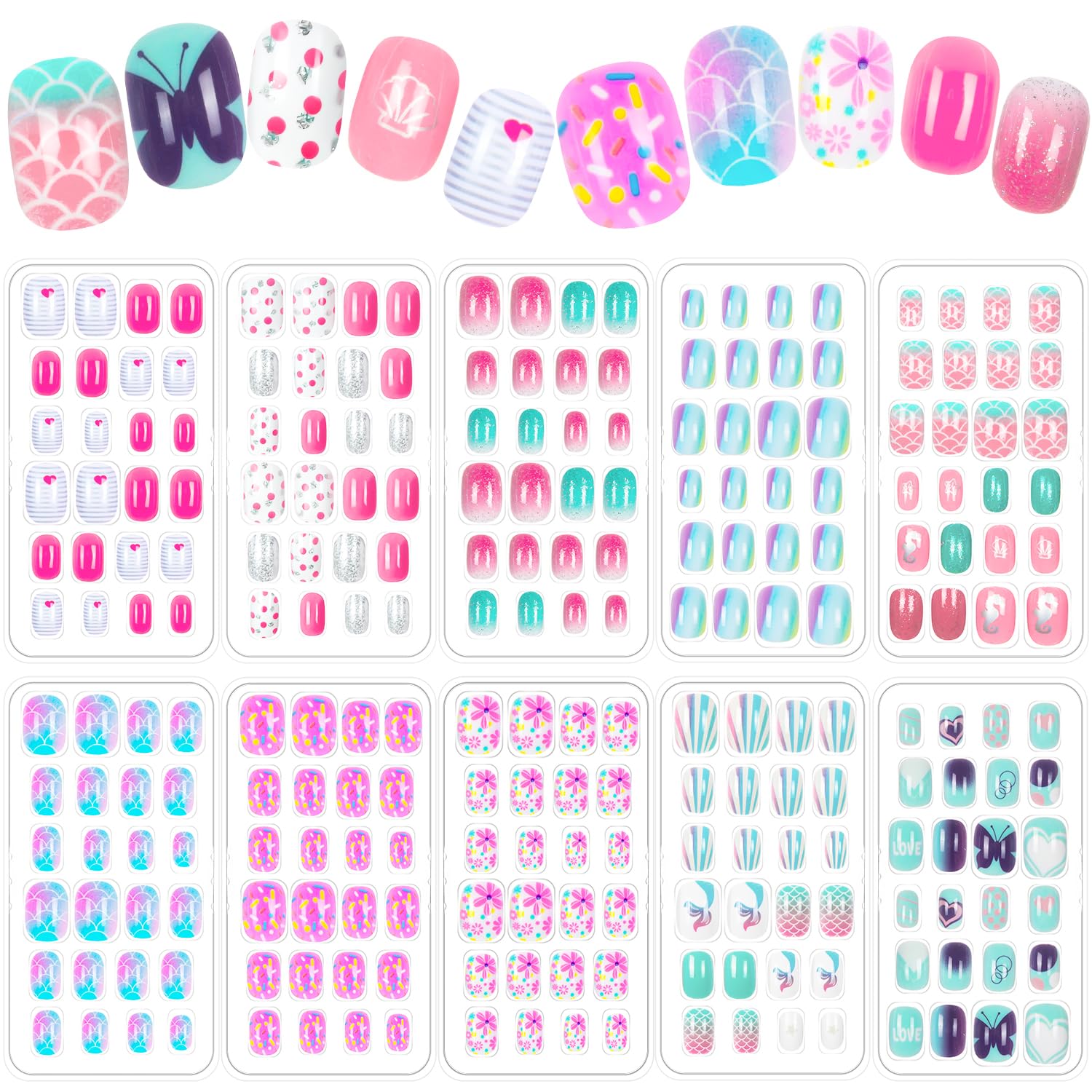 JOAOYO 240-piece press-on nails for kids in boxes, easy to apply and mess-free.