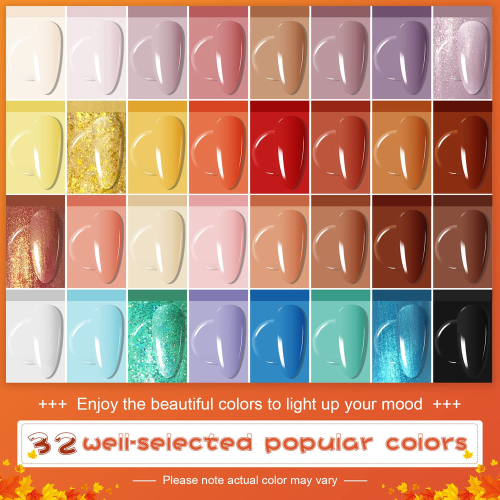 JODSONE 32-color gel polish bottles array showcases versatile seasonal shades.