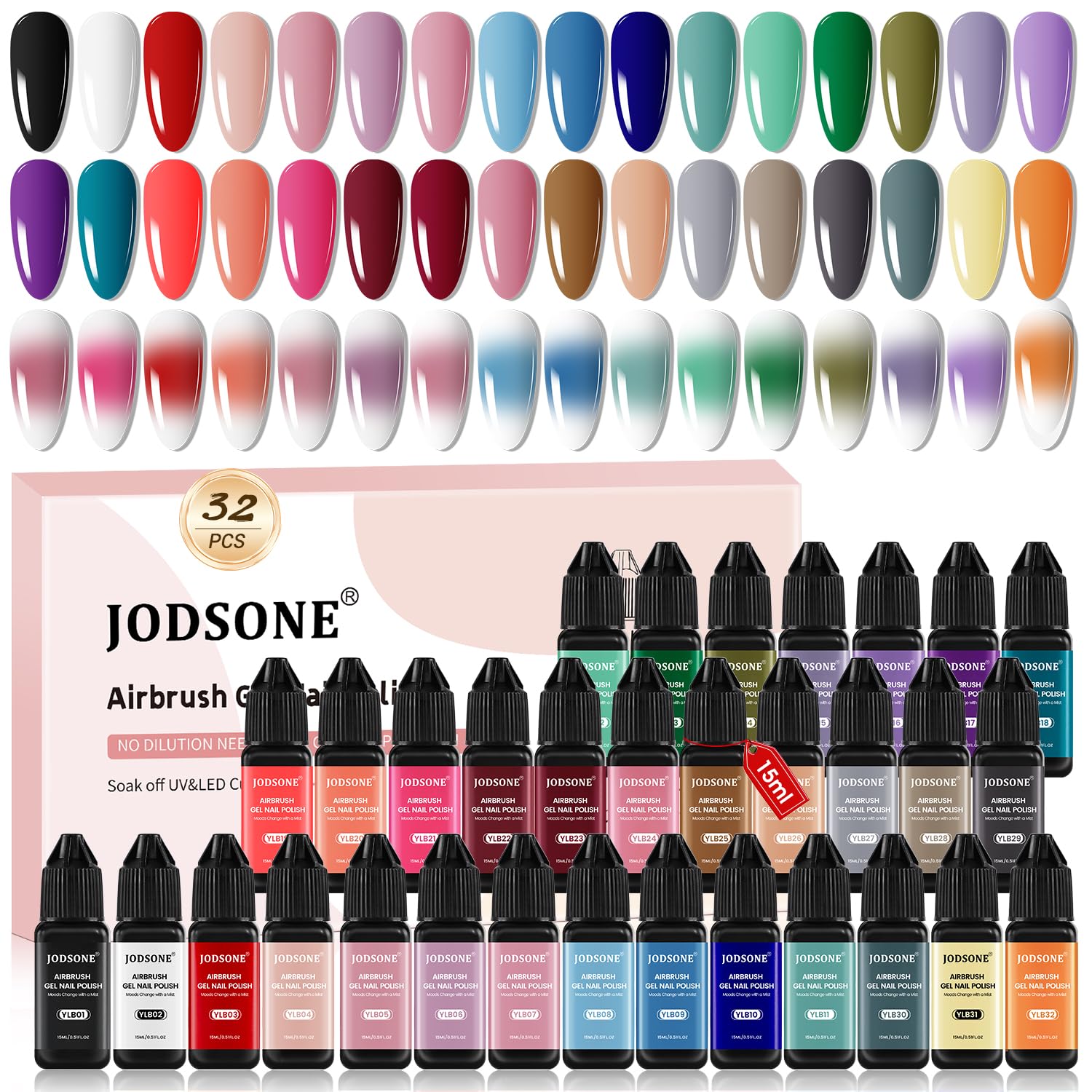 JODSONE 32 colors airbrush gel nail polish swatches show vibrant gradient options.