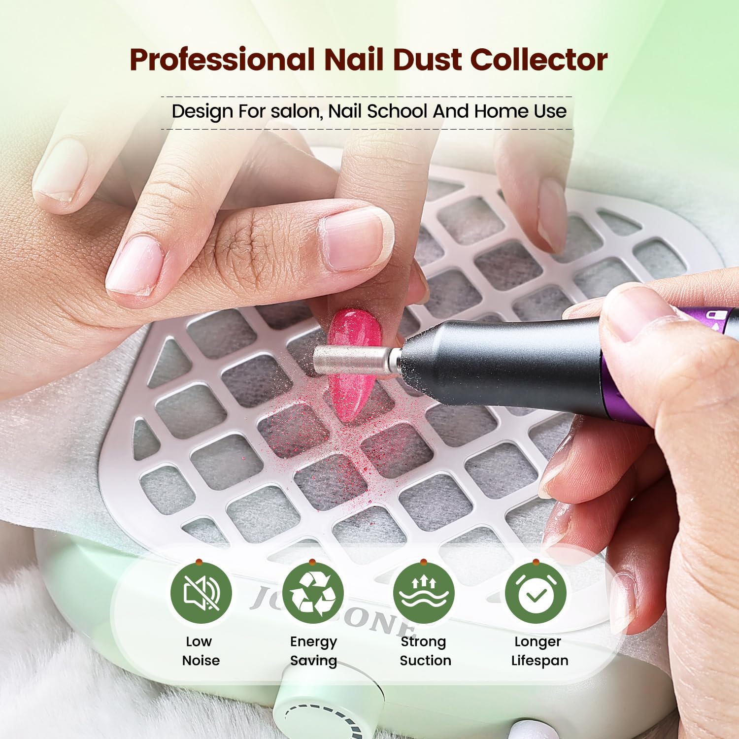 JODSONE compact size pictured on a nail tech desk.