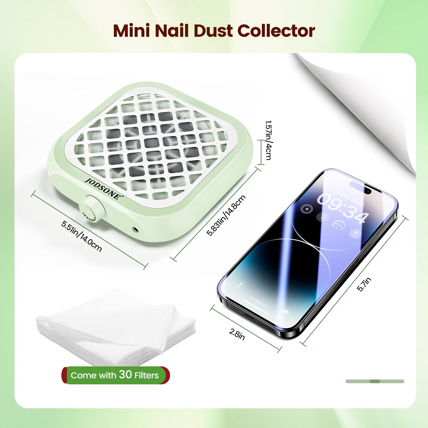 JODSONE 6000RPM mini nail dust collector, side view, compact palm-sized design.