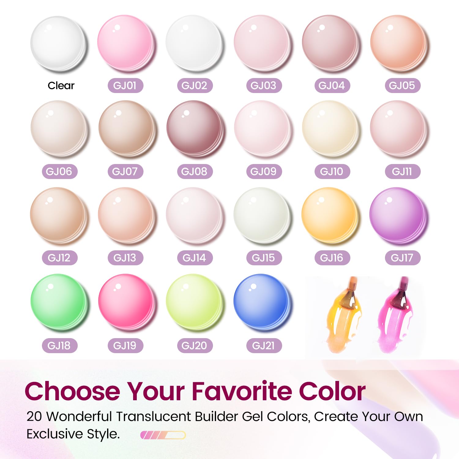 JODSONE builder gel kit base and top coat delivers glossy, smooth finish.
