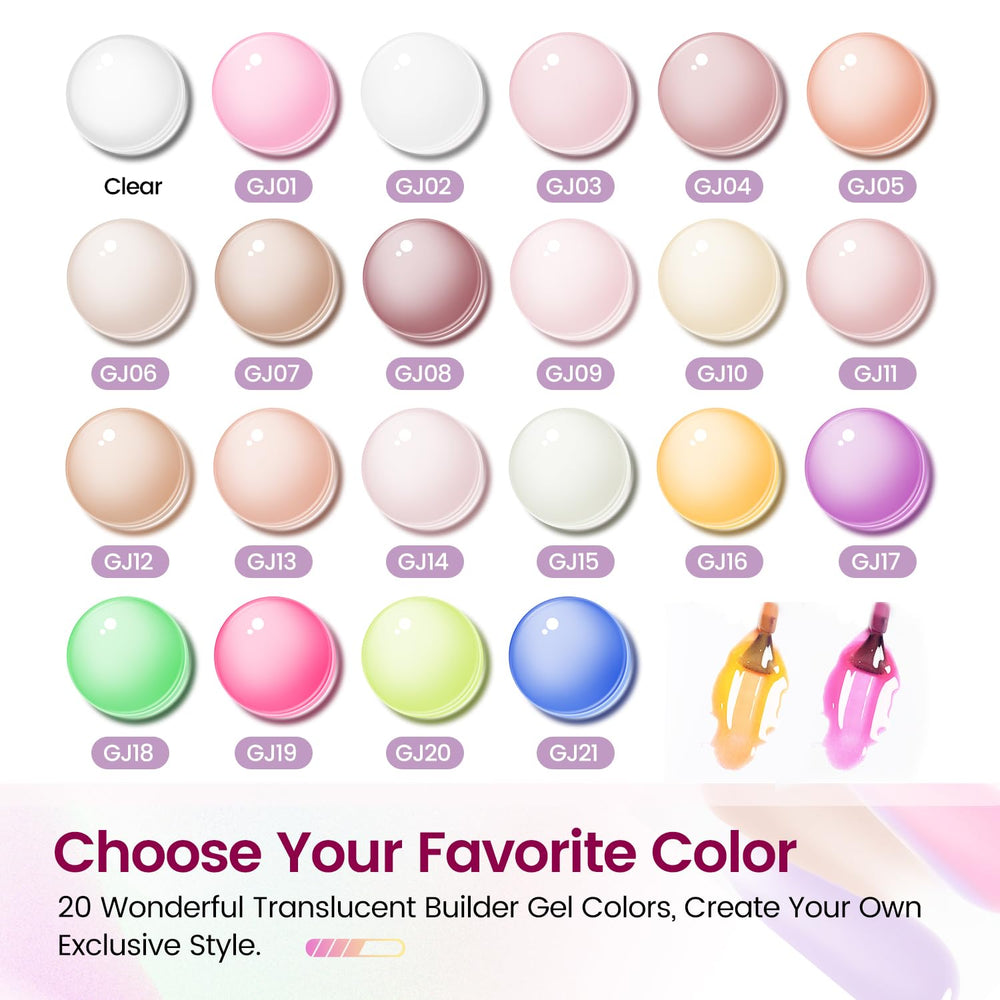 JODSONE builder gel kit base and top coat delivers glossy, smooth finish.