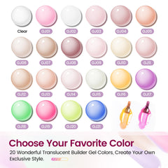 JODSONE builder gel kit base and top coat delivers glossy, smooth finish.