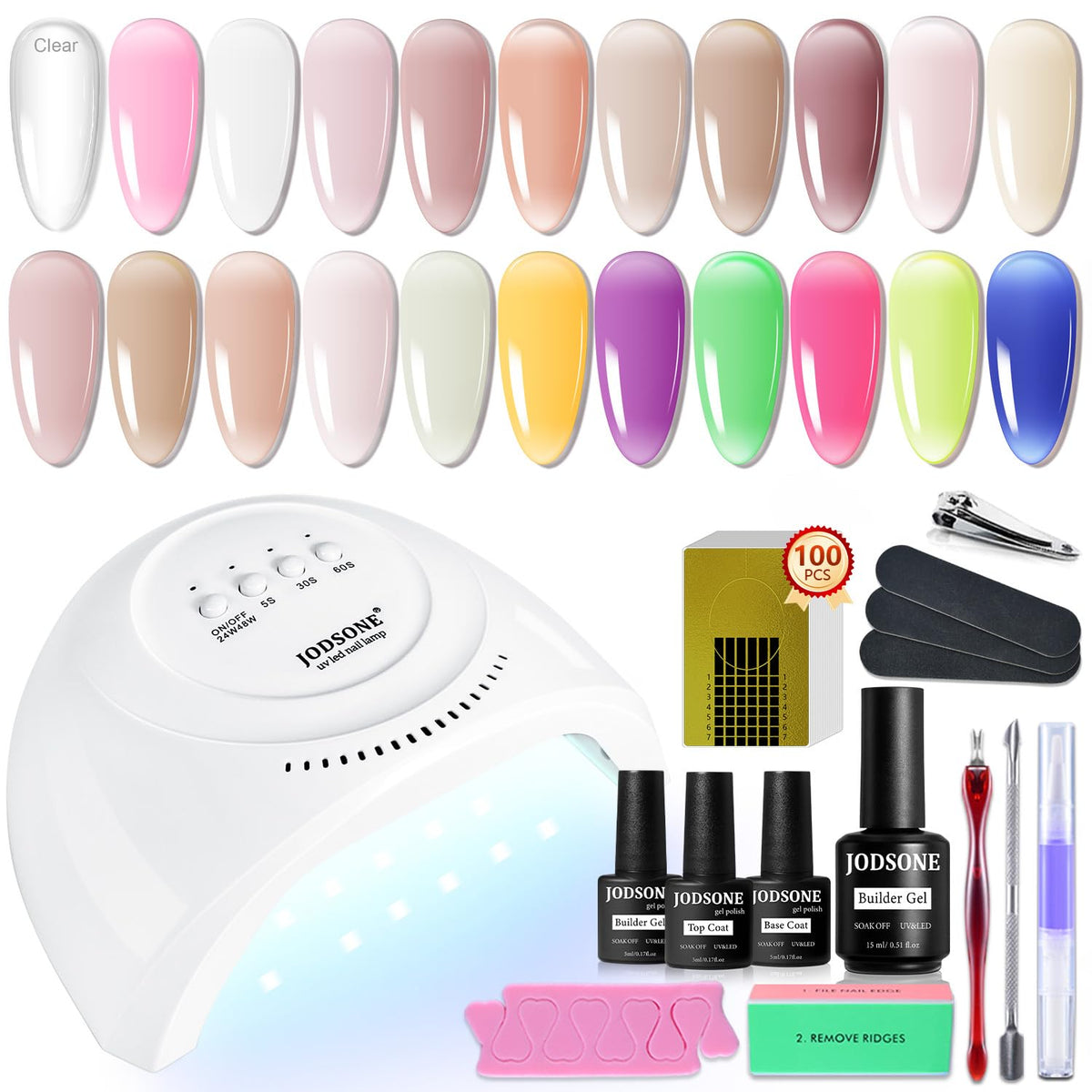 JODSONE builder gel kit color bottles showcase vibrant shades for durable nails.