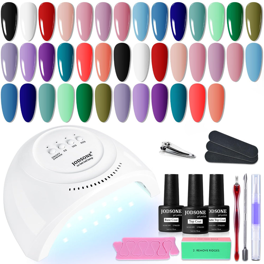 JODSONE gel nail kit setup shows organized colors and tools for at home manicures.