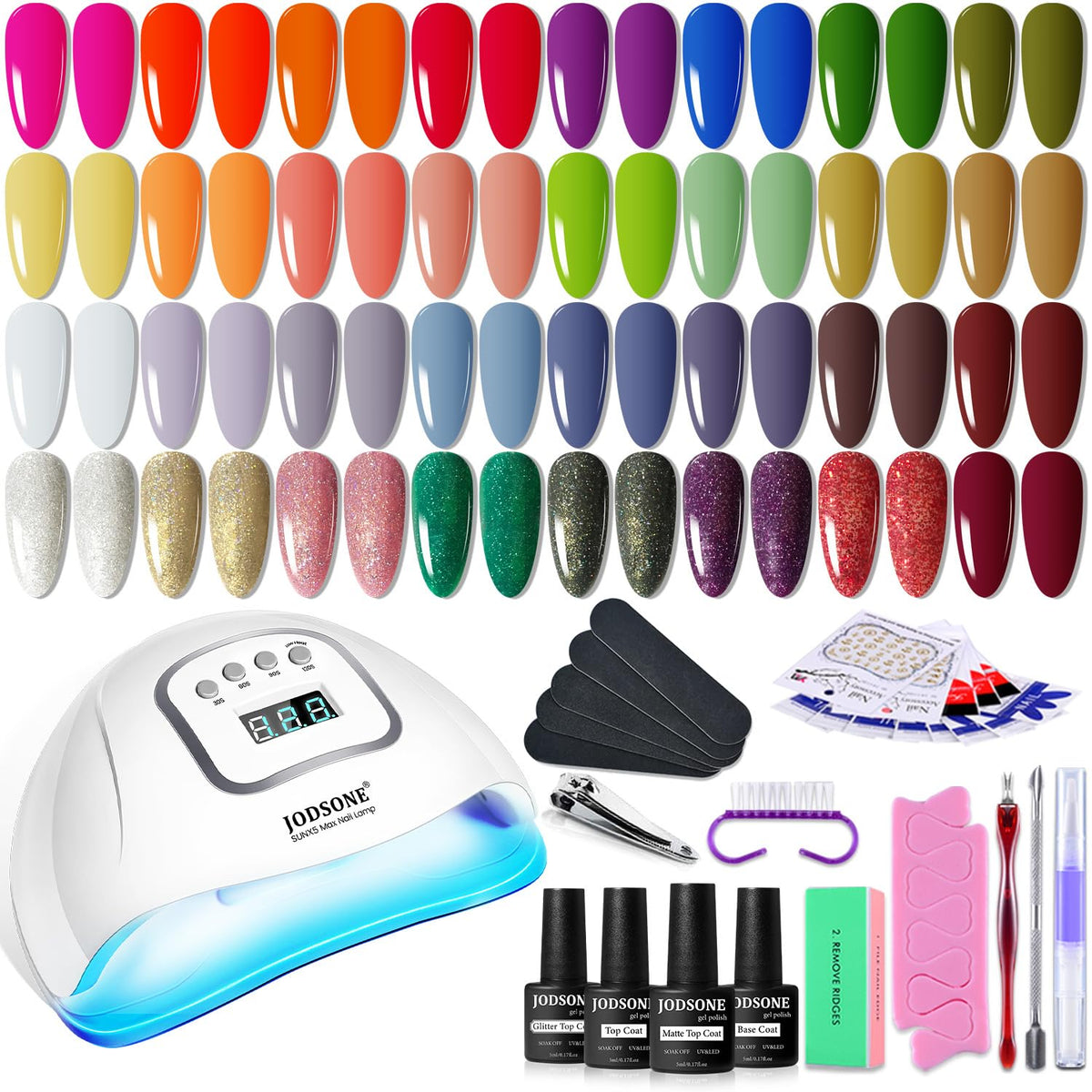JODSONE gel nail polish kit with 32 colors arranged for easy DIY salon-quality nails.