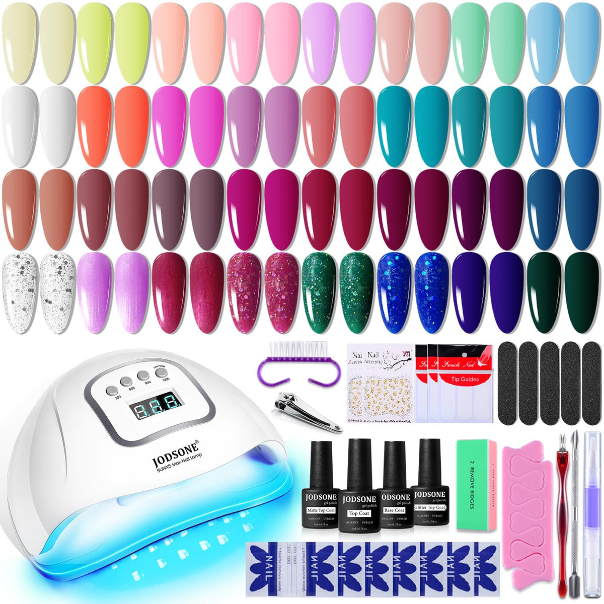 JODSONE gel nail polish kit box displaying 32 colors for home manicures.