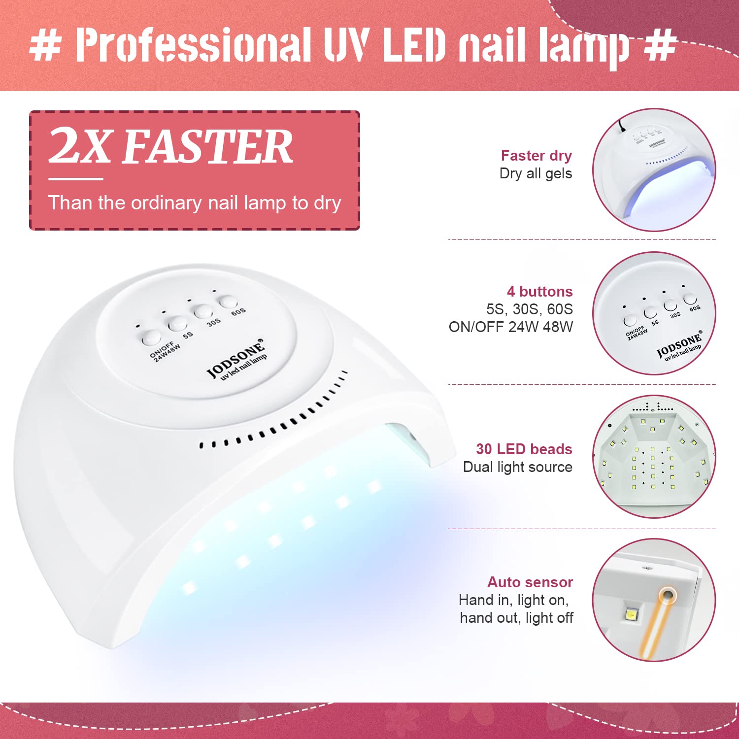 JODSONE nail lamp shows three curing modes for fast, even polish