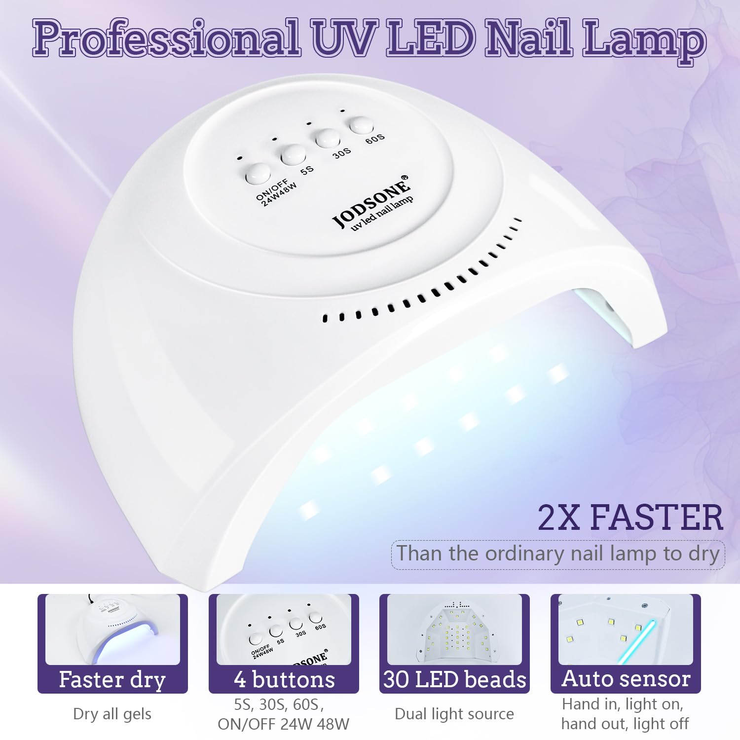 JODSONE nail lamp highlights 3 curing modes for fast, durable results.