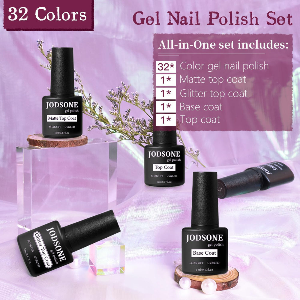 JODSONE Gel Nail Polish Starter Set color palette showing 32 shades for versatile looks