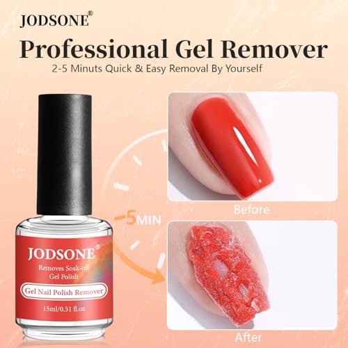 JODSONE gel remover bottle highlights quick-action formula for faster polish removal.