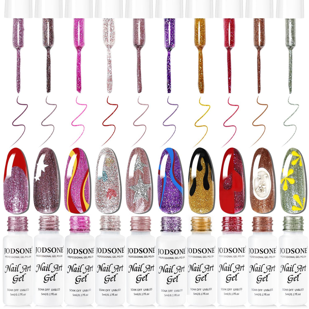 JODSONE Nail Art Gel Liner Set 10 colors glitter palette for precise detailing.