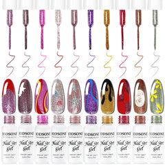 JODSONE Nail Art Gel Liner Set 10 colors glitter palette for precise detailing.