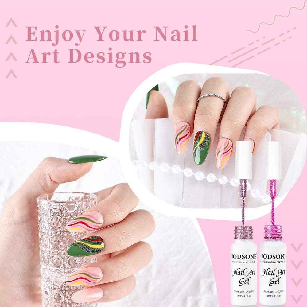 JODSONE Nail Art Gel Liner Set purple-gold-green swatches inspire creative nails.