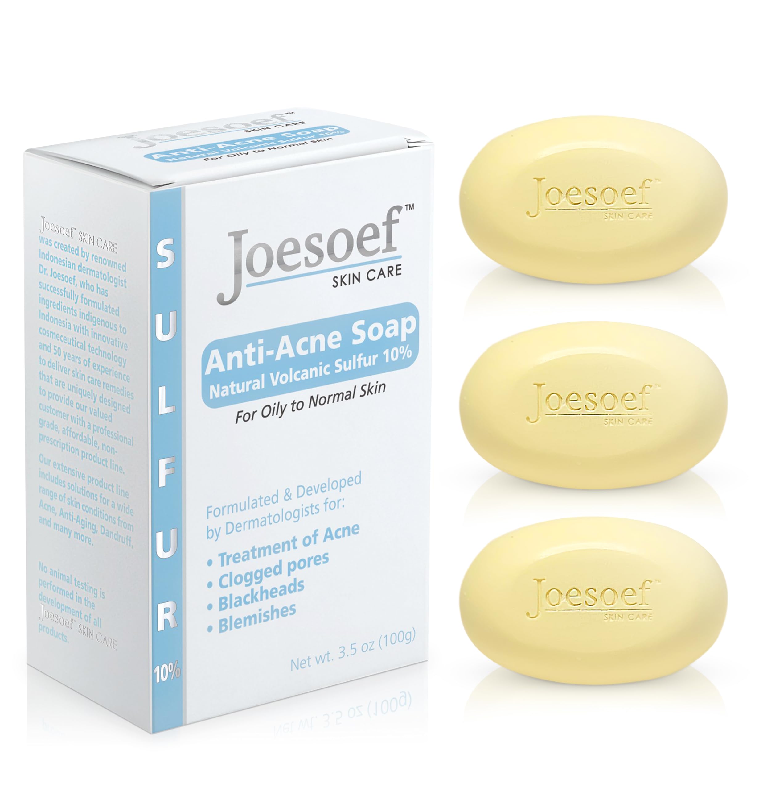 JOESOEF Anti-Acne Soap volcanic sulfur bar closeup for clear pores.
